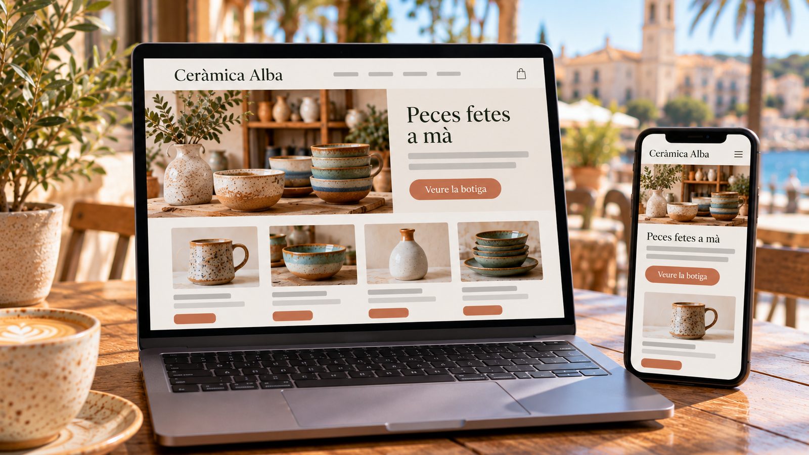 Un portàtil i un mòbil mostren una web de ceràmica artesanal, amb fotografies de peces i disseny adaptable a les dues pantalles.