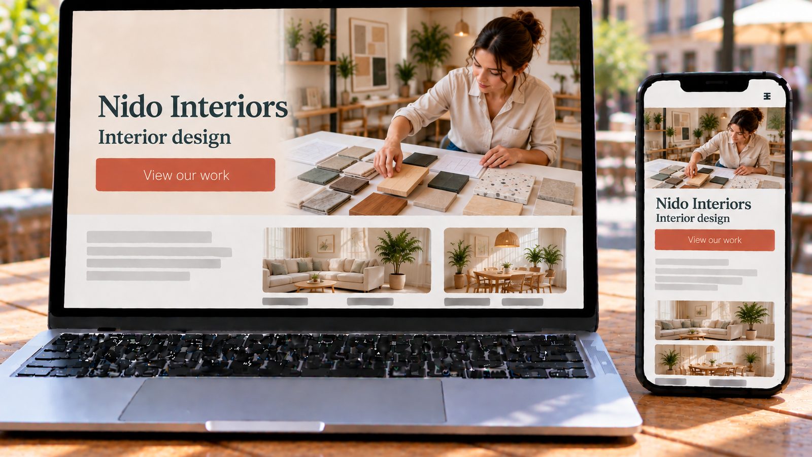 A laptop and smartphone display the Nido Interiors website, with an interior designer arranging material samples on a table.