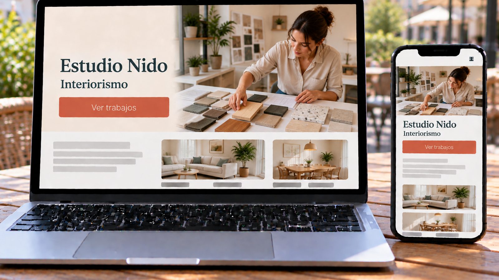 Ejemplo de web de interiorismo en un portátil y un móvil: Estudio Nido, con una diseñadora organizando muestras de materiales.
