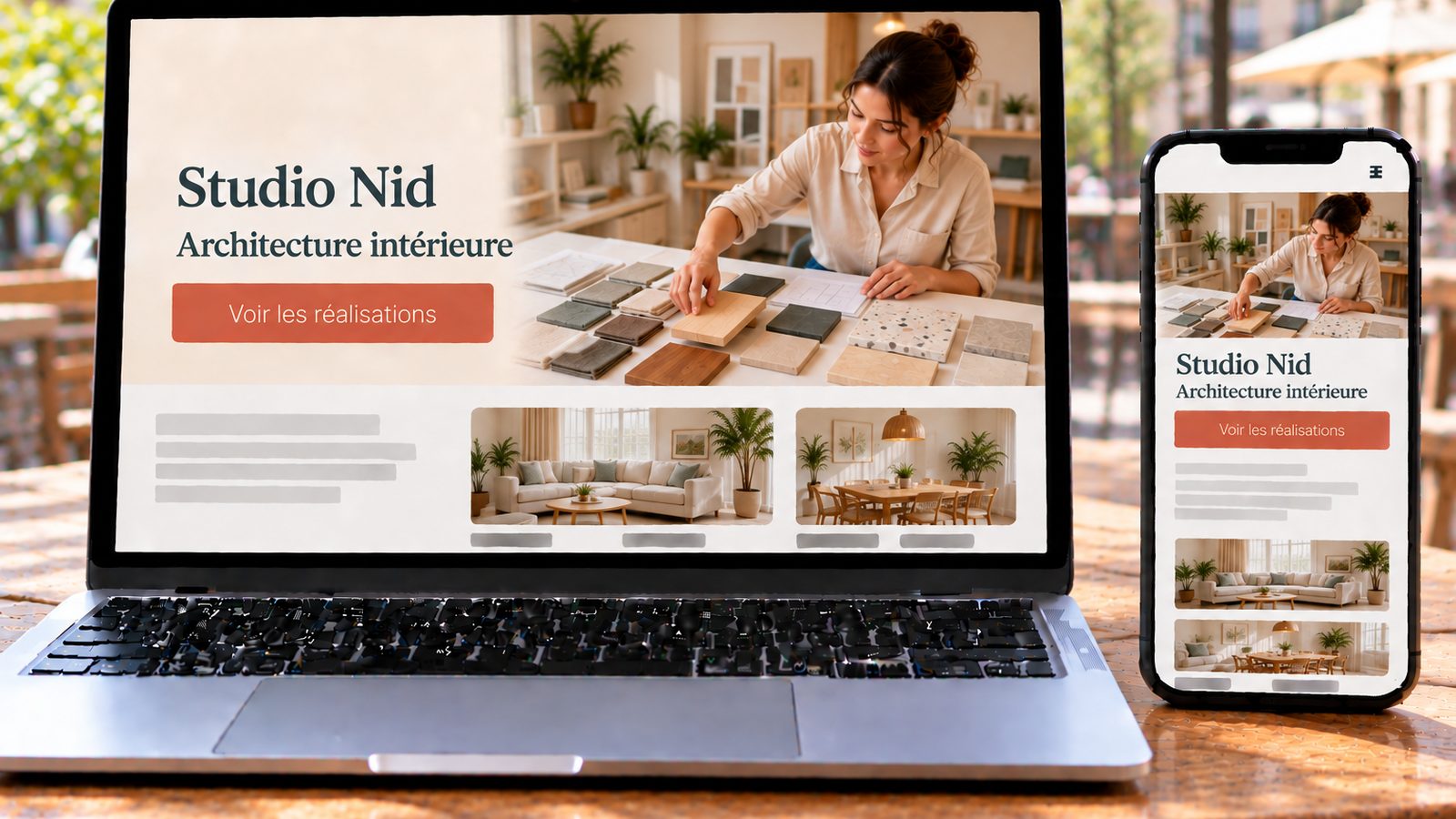Un ordinateur portable et un smartphone affichent le site de Studio Nid, avec une architecte d’intérieur disposant des échantillons de matériaux.