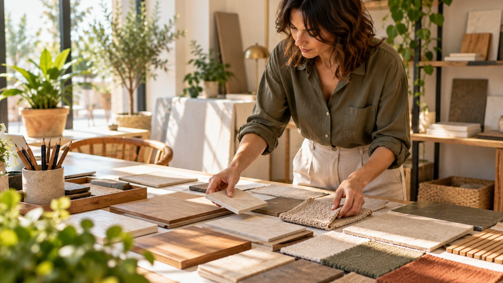 Una diseñadora de interiores organiza muestras de madera, tejidos y azulejos sobre una gran mesa de trabajo.