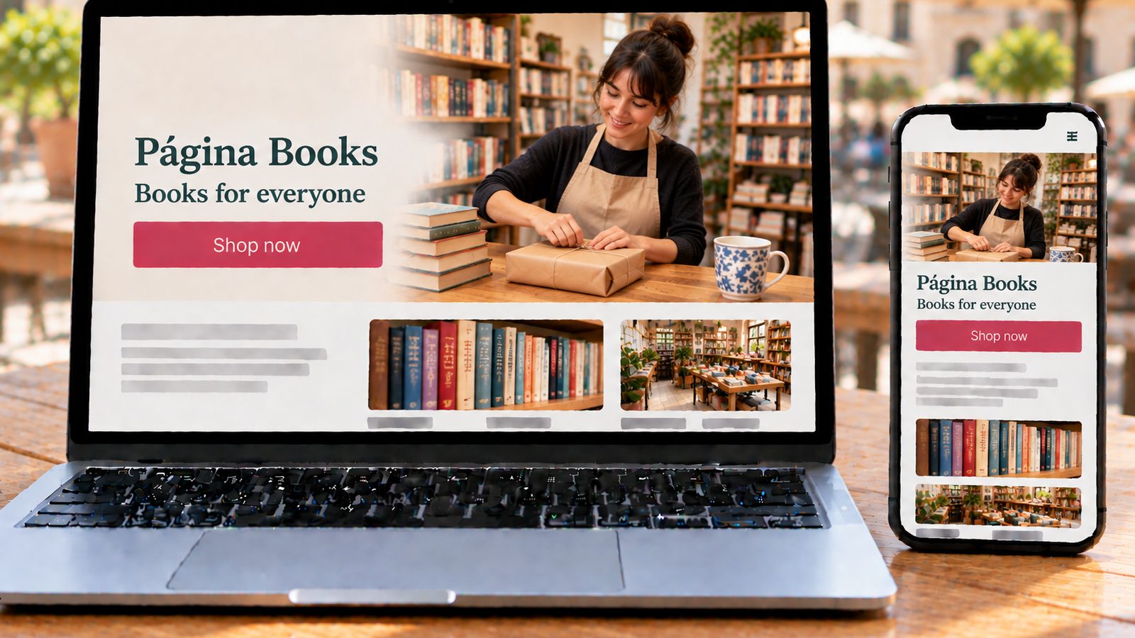 A laptop and smartphone display an independent bookstore website featuring a bookseller wrapping an order.
