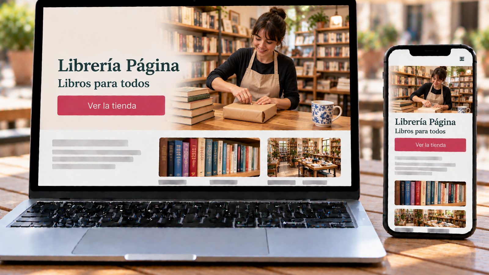 Un portátil y un móvil muestran la web de una librería, con una librera preparando un paquete entre estanterías.