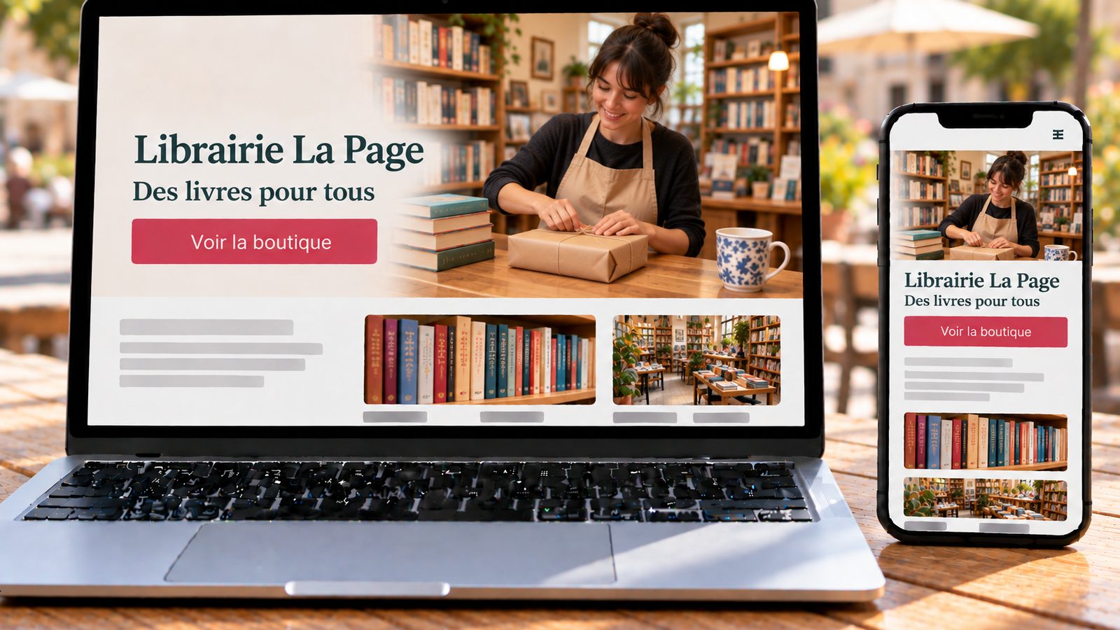 Un ordinateur portable et un smartphone affichent le site d’une librairie où une libraire prépare une commande.