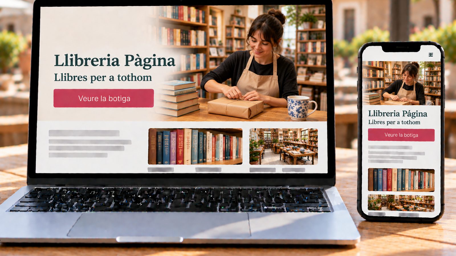 Un portàtil i un mòbil mostren la web d’una llibreria amb una llibretera preparant una comanda.