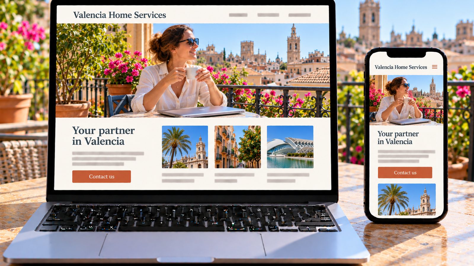 Laptop and phone display the Valencia Home Services website, featuring an entrepreneur enjoying coffee on a terrace in Valencia.