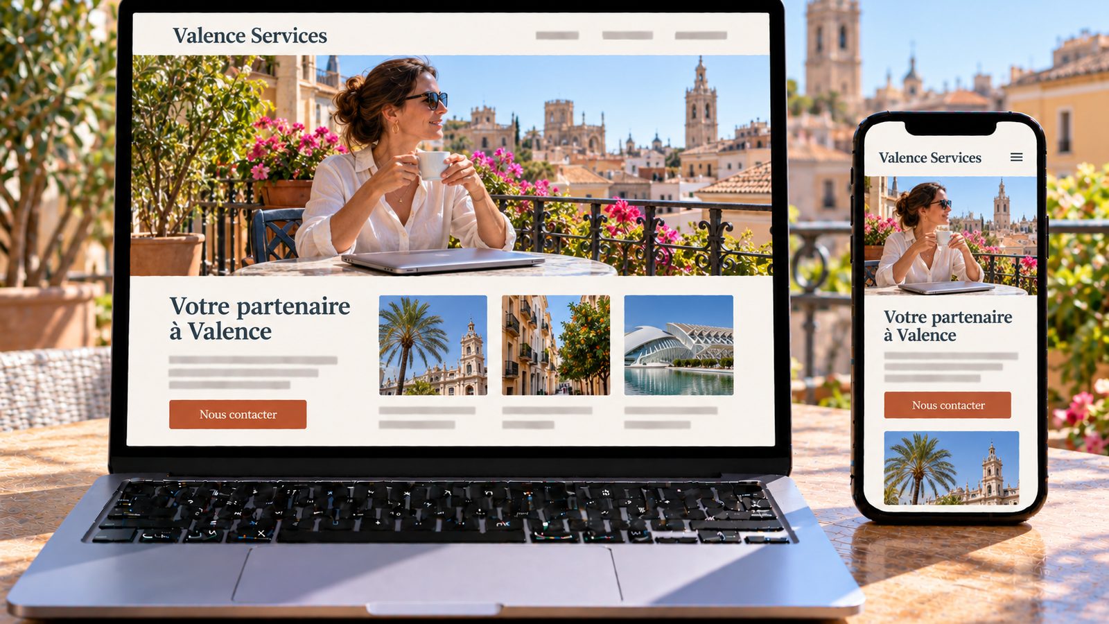 Un ordinateur et un téléphone affichent le site Valence Services, avec une entrepreneuse prenant un café sur une terrasse à Valence.