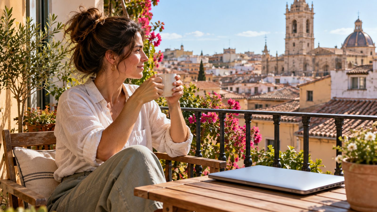 An entrepreneur enjoys coffee on a flower-filled Valencia balcony overlooking terracotta rooftops and a church tower.