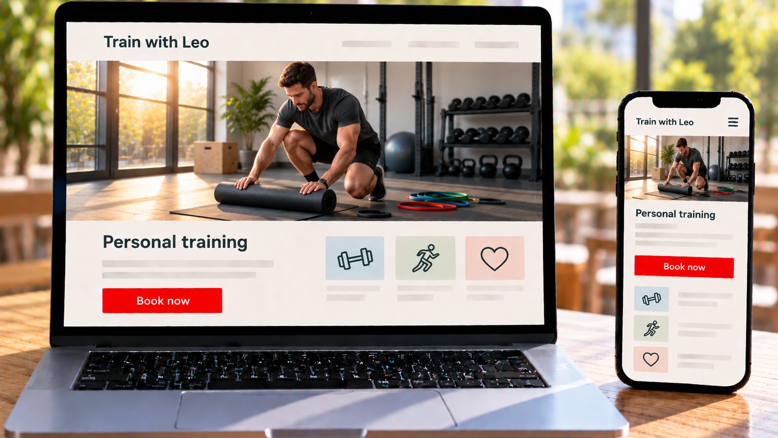 A laptop and smartphone display the Train with Leo website with a trainer preparing exercise mats and resistance bands.