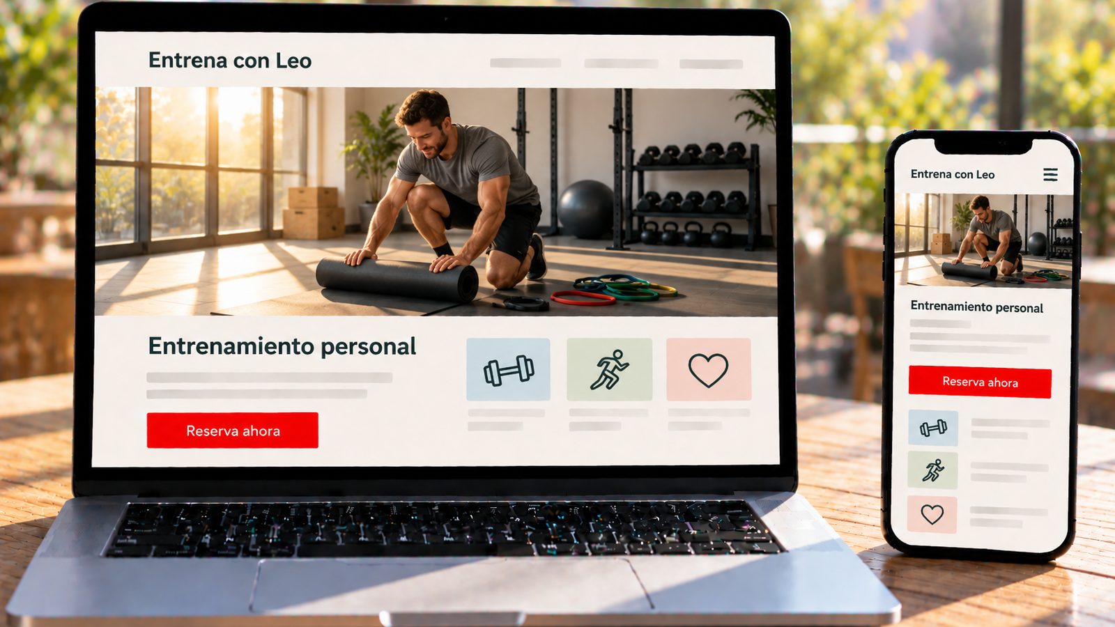 Un portátil y un móvil muestran la web de Entrena con Leo con un entrenador preparando material deportivo.