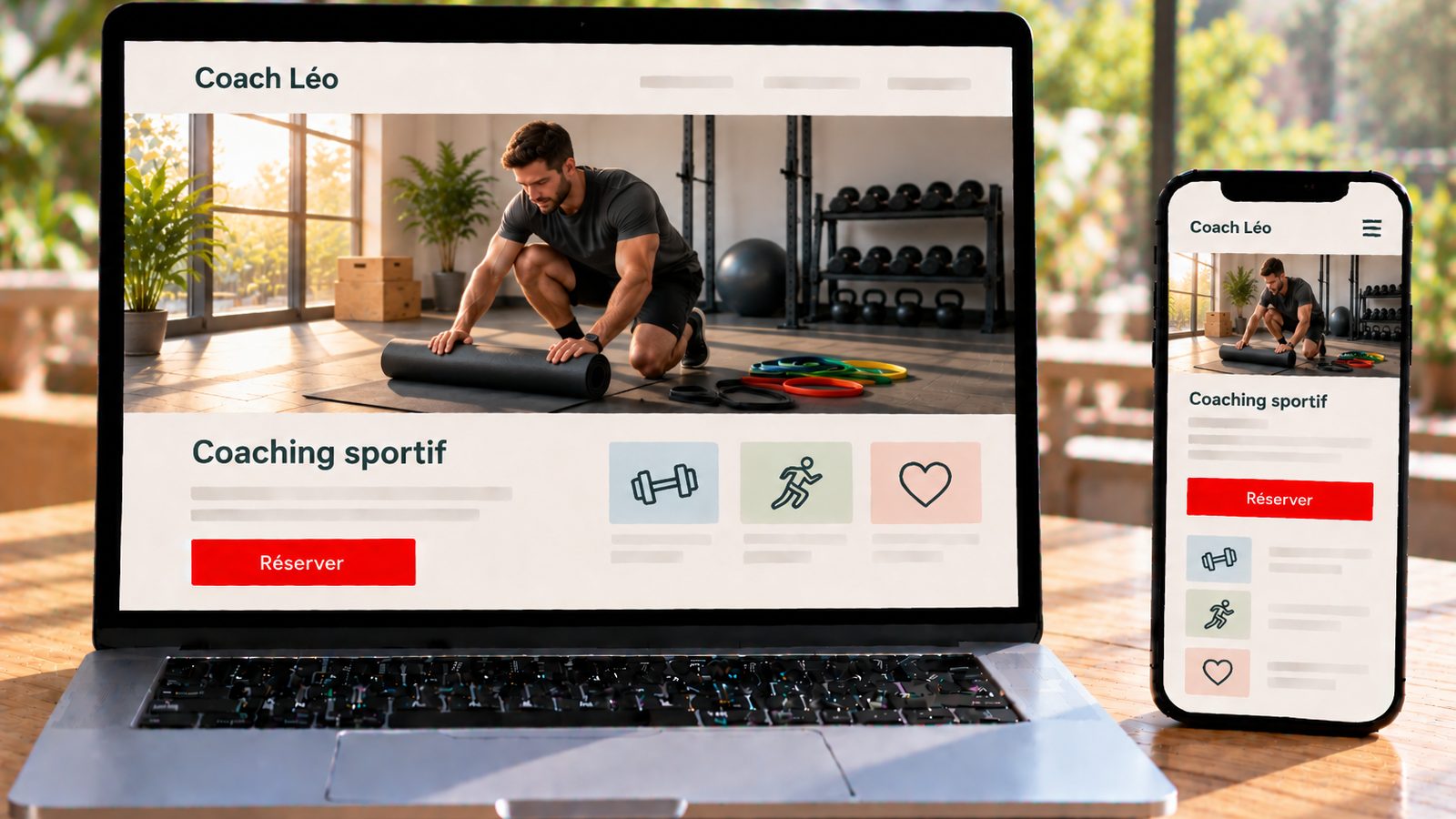 Un ordinateur et un smartphone affichent le site Coach Léo avec un coach préparant un tapis dans un studio.