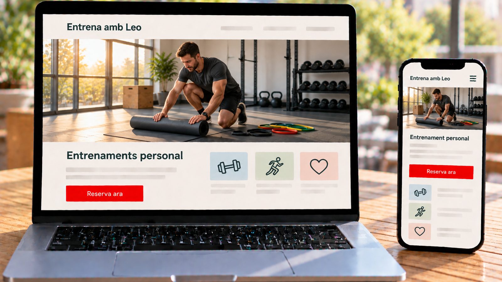 Un portàtil i un mòbil mostren la web d’Entrena amb Leo amb un entrenador preparant material esportiu.