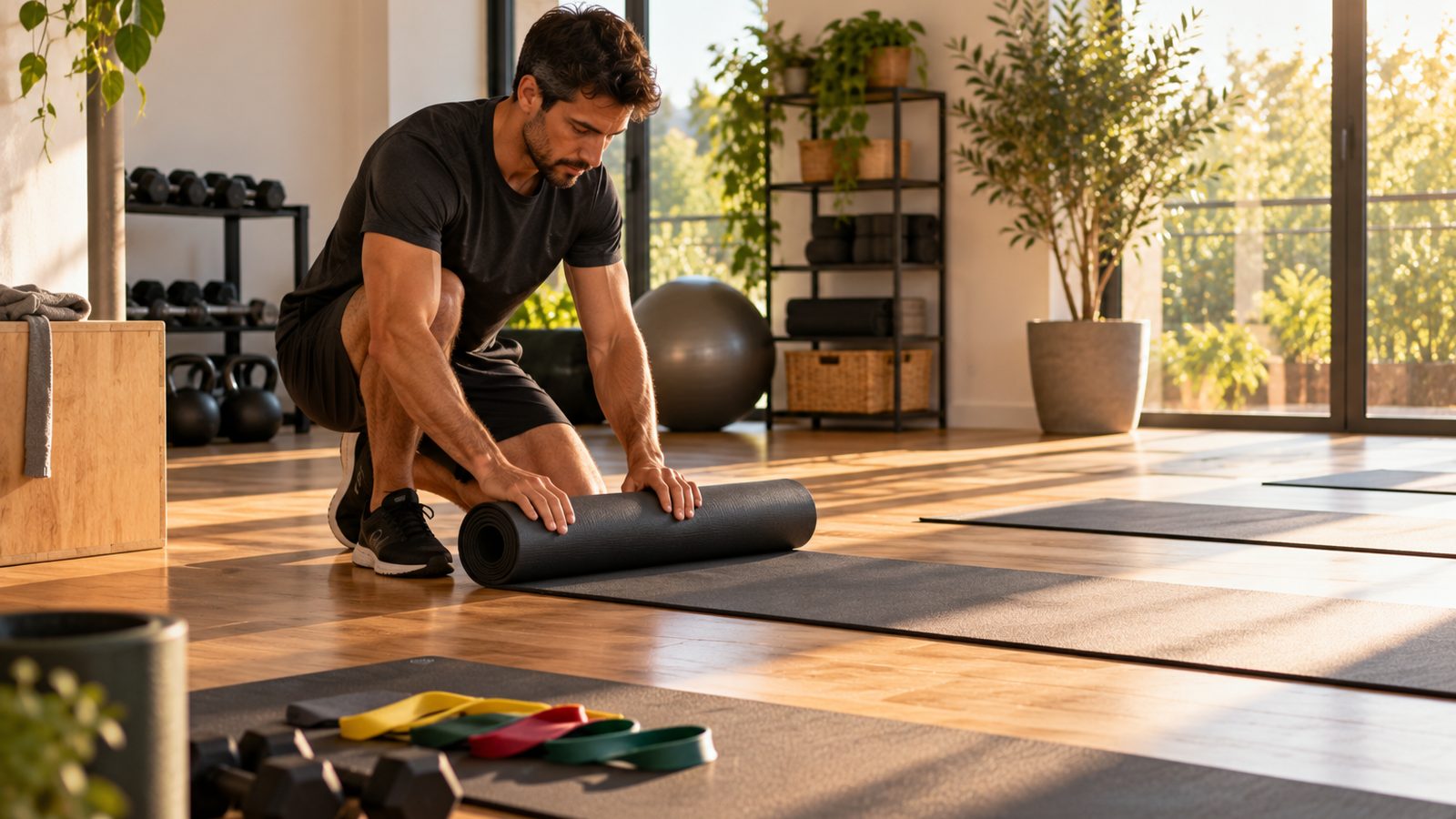 Un coach sportif déroule un tapis et prépare des élastiques dans un petit studio baigné par la lumière du matin.