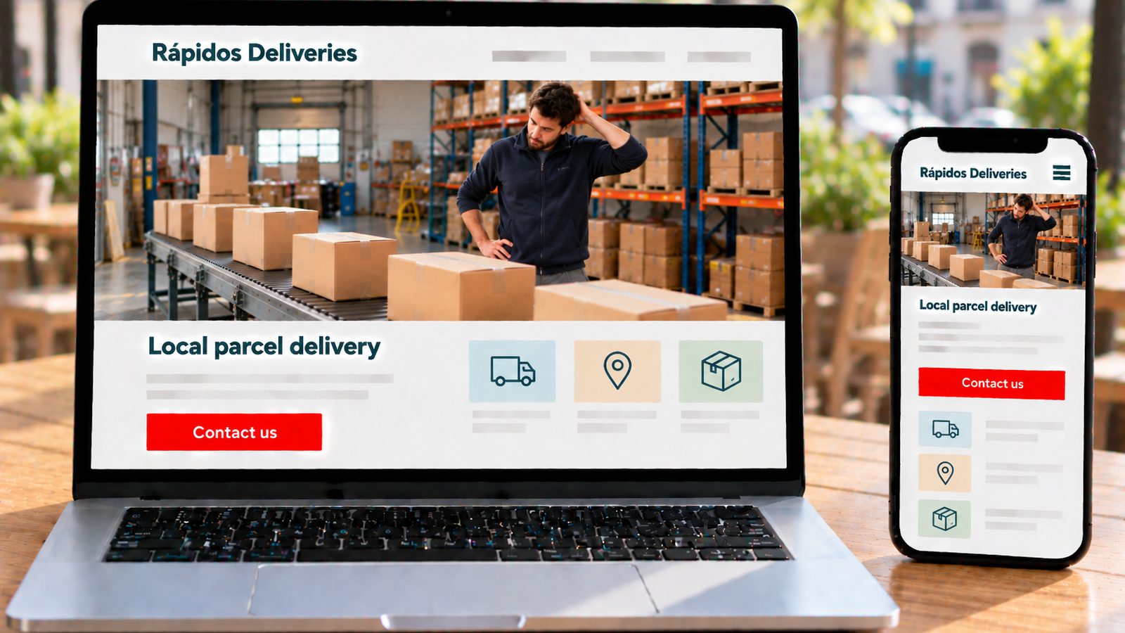 A laptop and smartphone display the Rápidos Deliveries site with a warehouse and local parcel service.