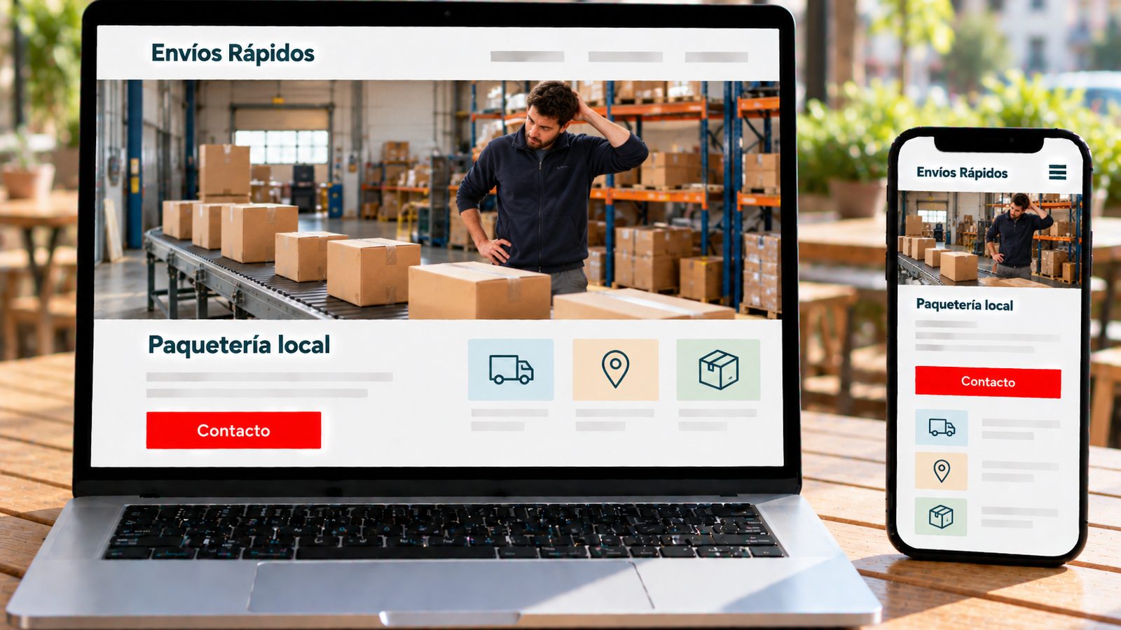 Un portátil y un móvil muestran la web de Envíos Rápidos con un almacén y cajas en movimiento.