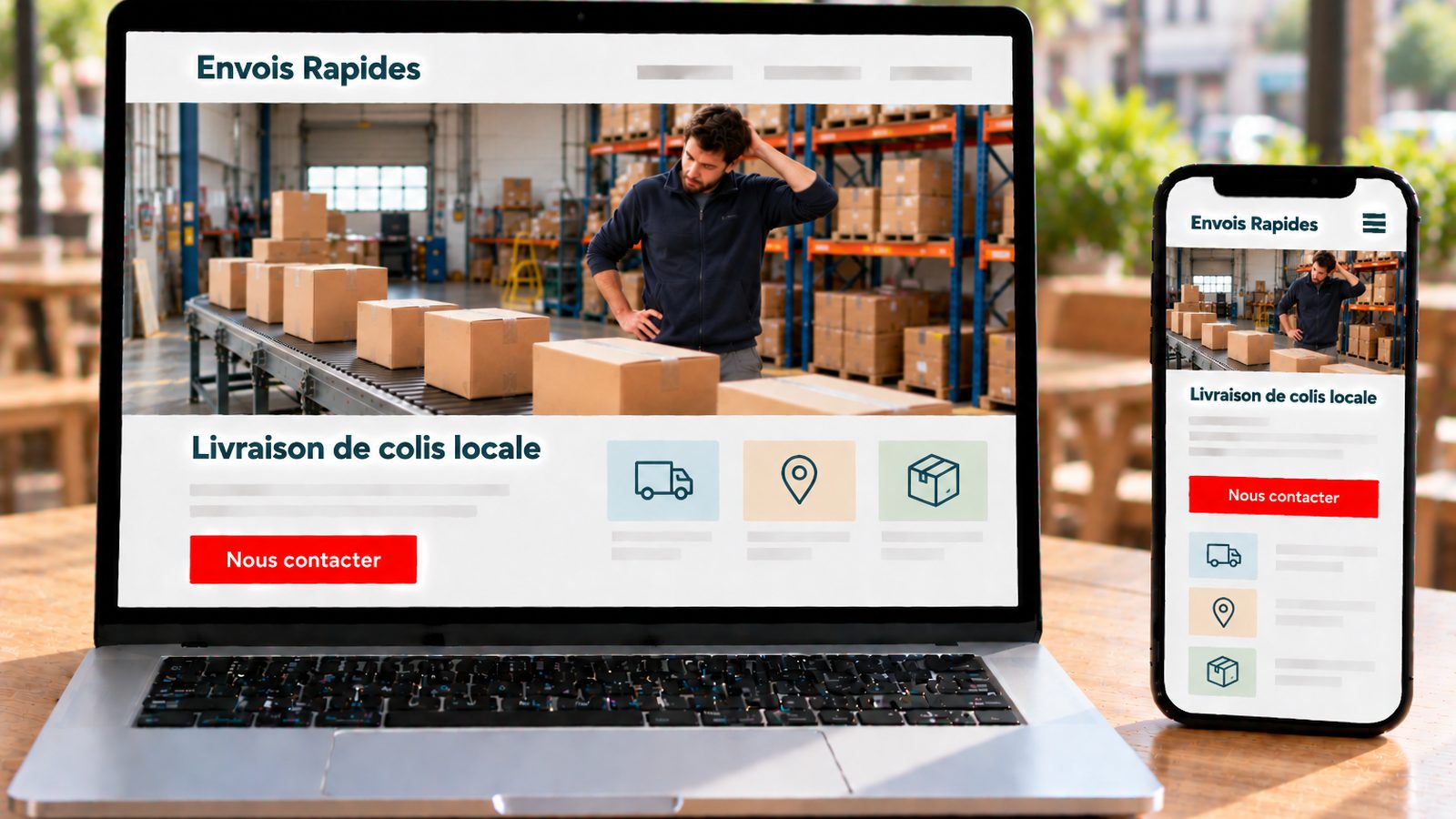 Un ordinateur et un smartphone affichent le site Envois Rapides avec un entrepôt et des colis.