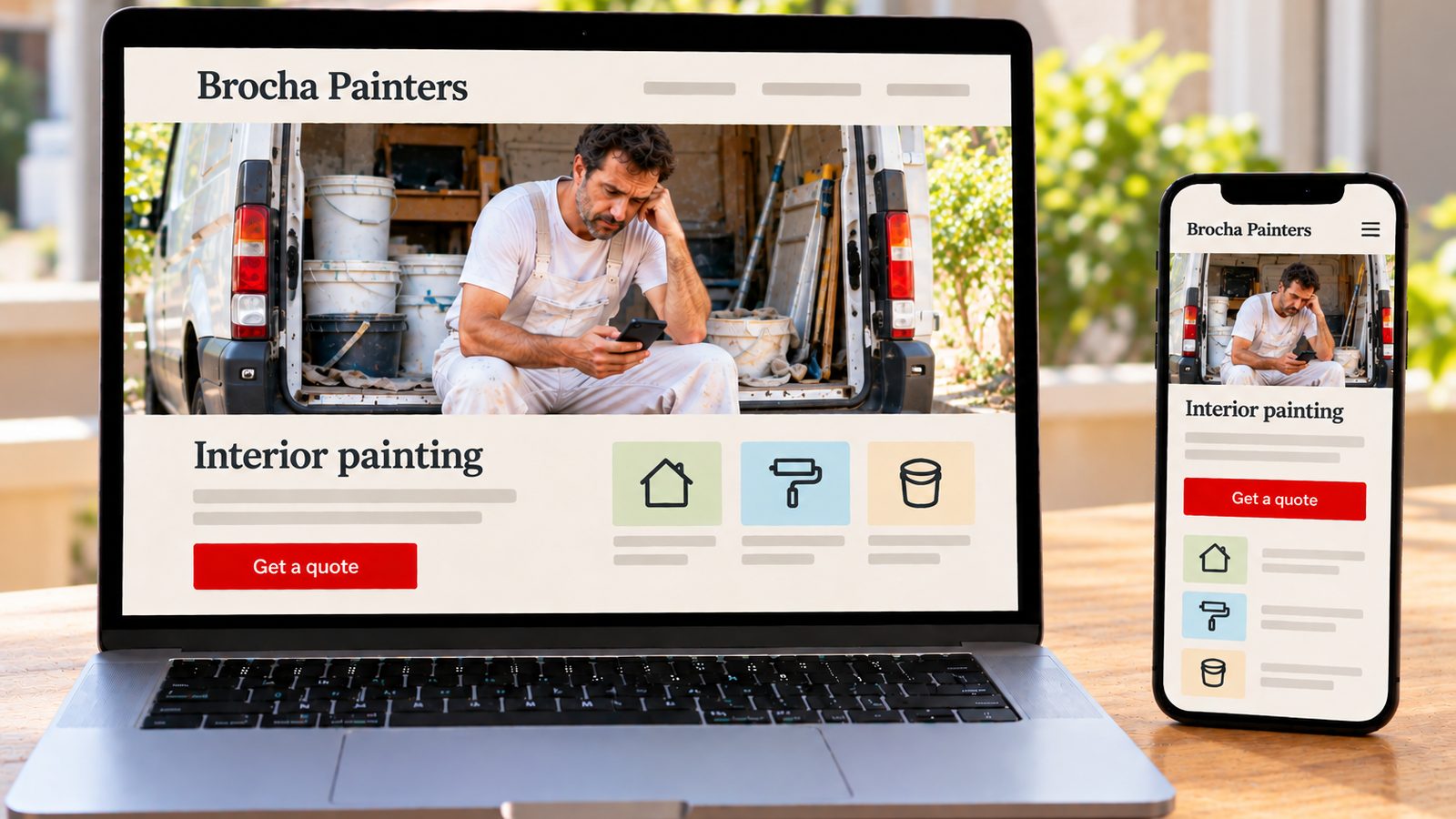 A laptop and smartphone display the Brocha Painters website in desktop and mobile layouts.