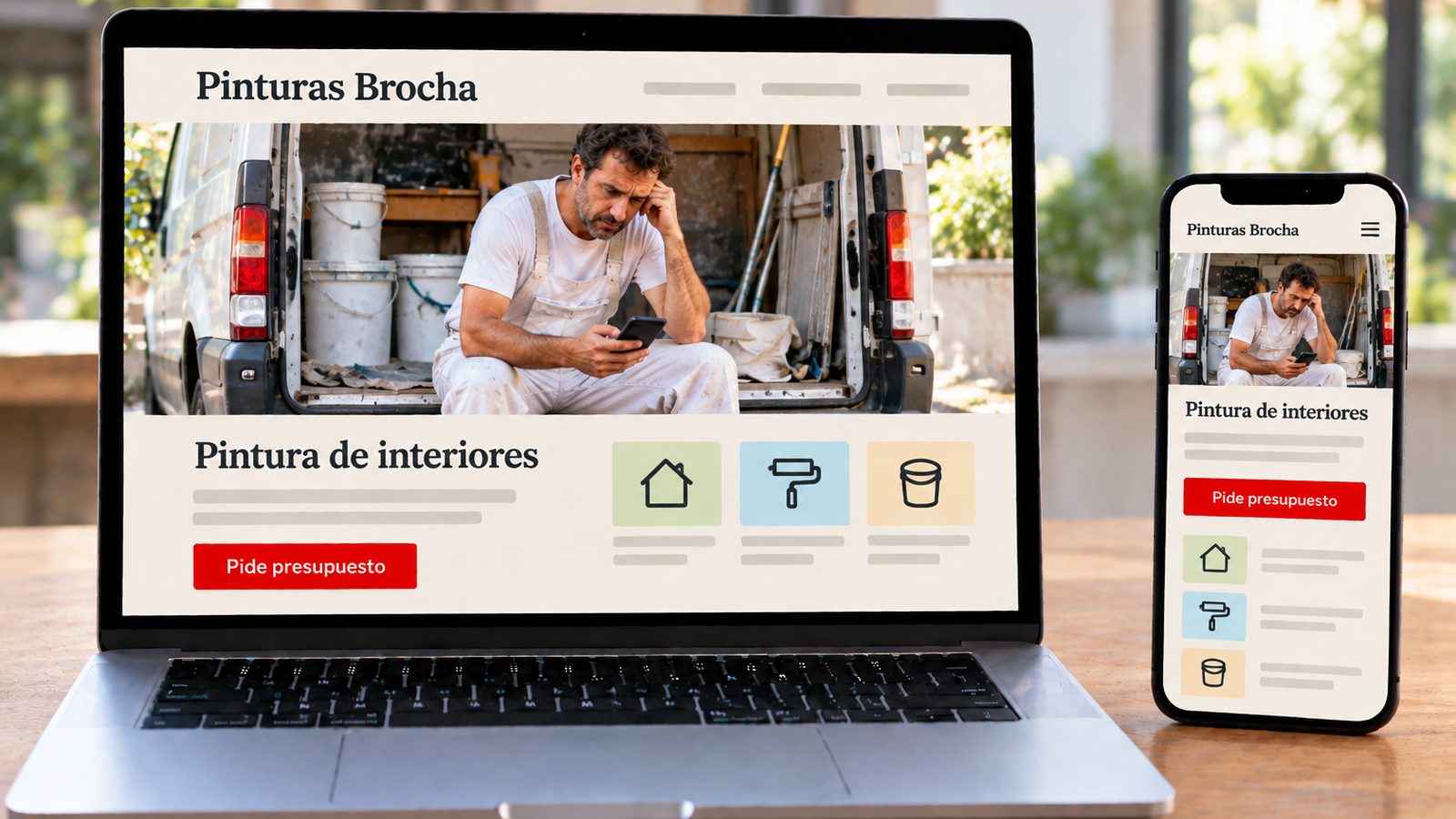 Un portátil y un móvil muestran la web de Pinturas Brocha en versiones de escritorio y móvil.