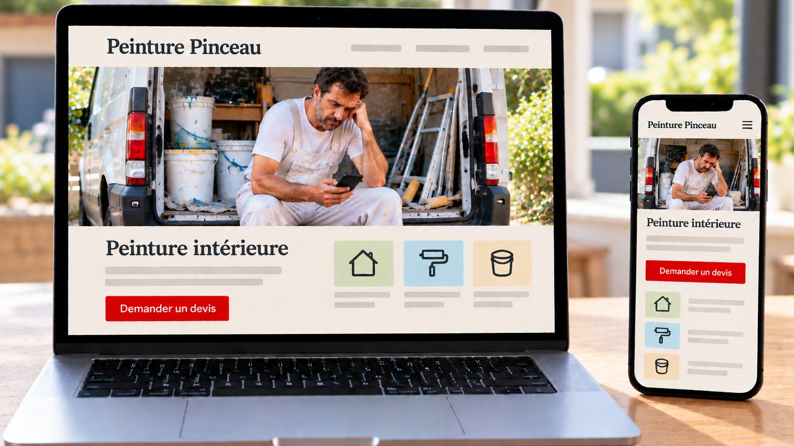 Un ordinateur et un smartphone affichent le site Peinture Pinceau en versions ordinateur et mobile.