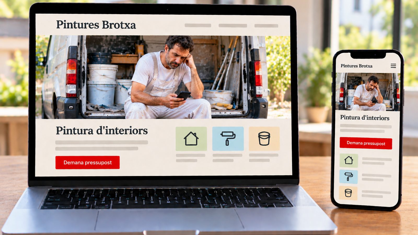 Un ordinador i un mòbil mostren la web de Pintures Brotxa en versions d'escriptori i mòbil.