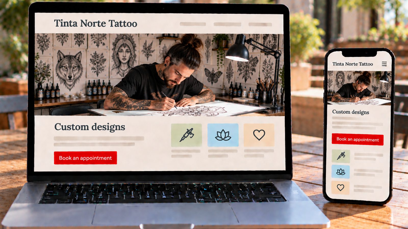Laptop and smartphone display the Tinta Norte Tattoo website with a tattoo artist sketching a design.