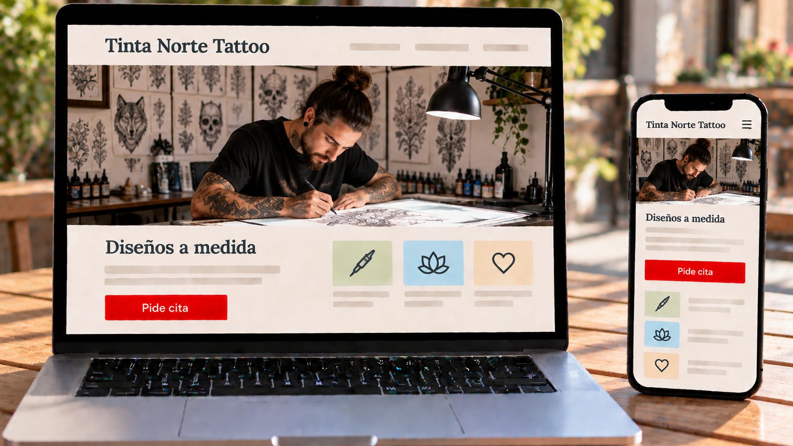 Portátil y móvil muestran la web de Tinta Norte Tattoo con un tatuador dibujando un diseño.