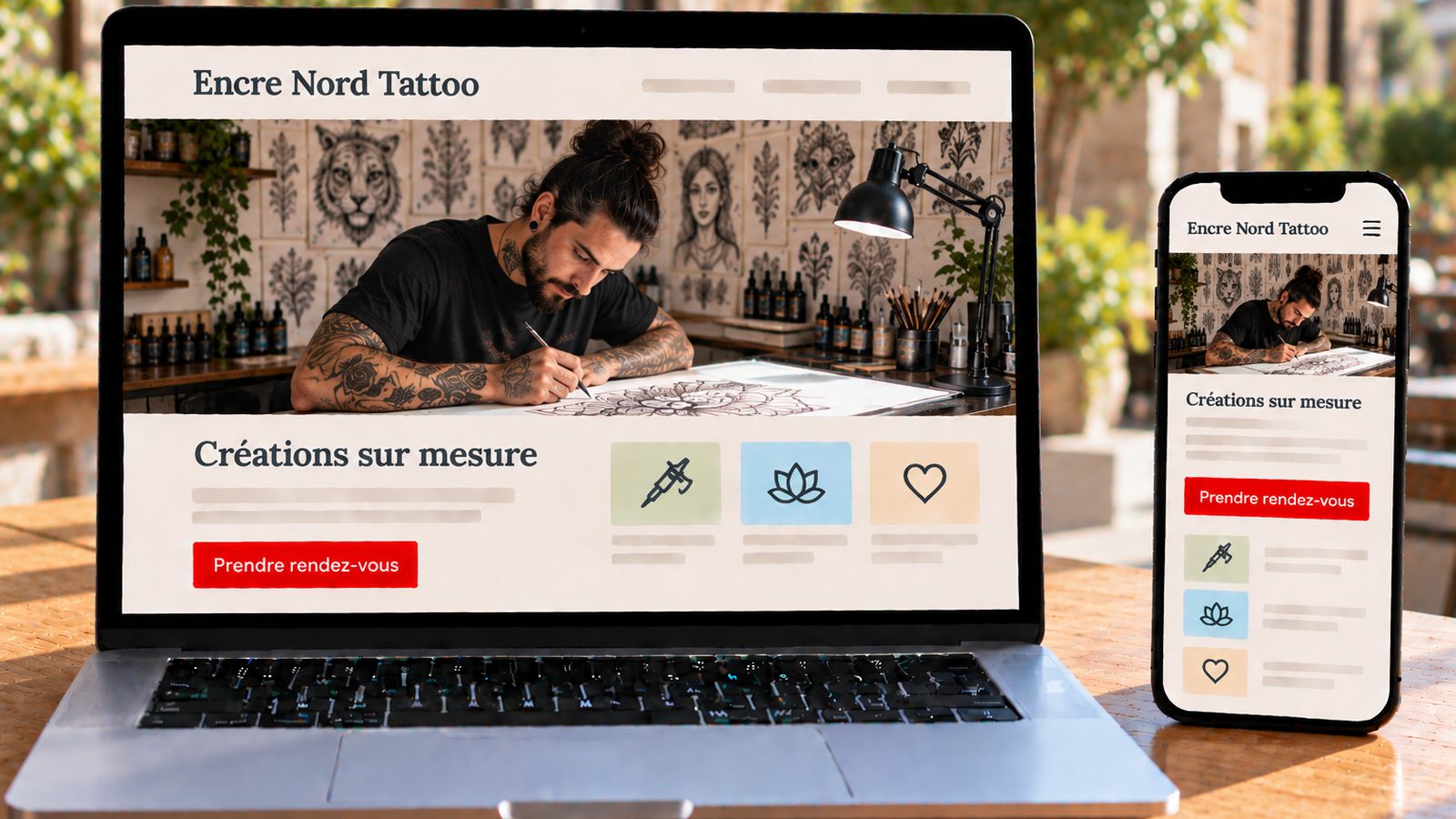 Ordinateur et smartphone affichant le site Encre Nord Tattoo avec un tatoueur dessinant un motif.