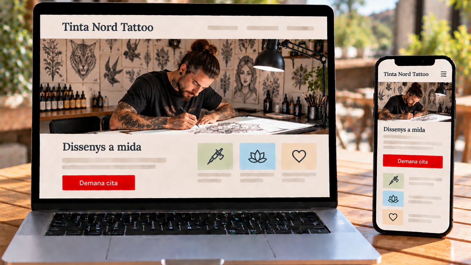 Portàtil i mòbil mostren la web de Tinta Nord Tattoo amb un tatuador dibuixant un disseny.