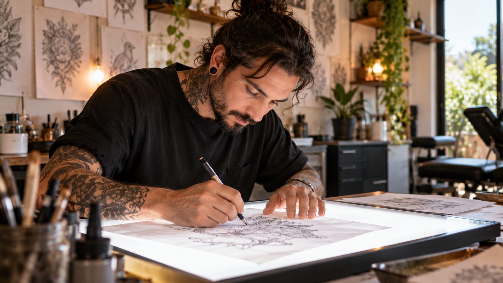 A tattoo artist draws a floral design on translucent paper at a light table in his studio.