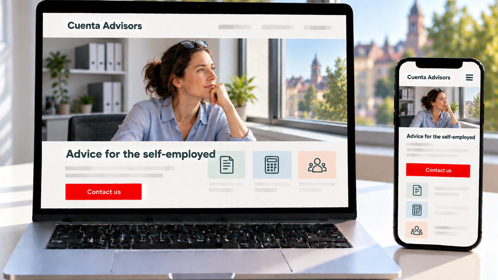A laptop and smartphone show the Cuenta Advisors website with an advisor looking out an office window.