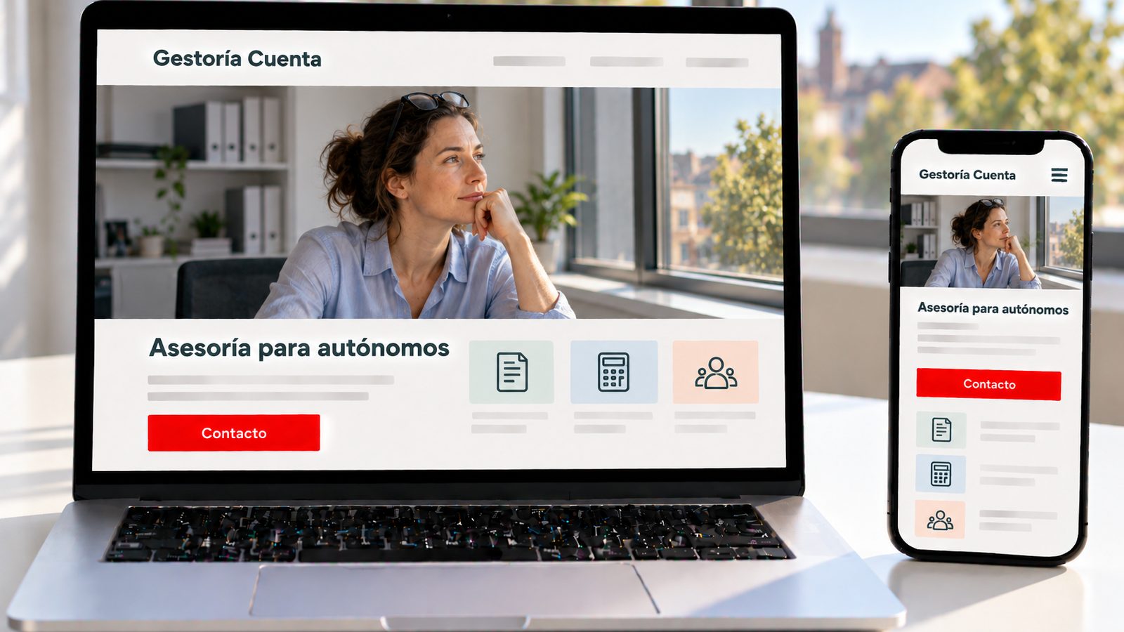 Un portátil y un móvil muestran la web de Gestoría Cuenta con una asesora mirando por la ventana.