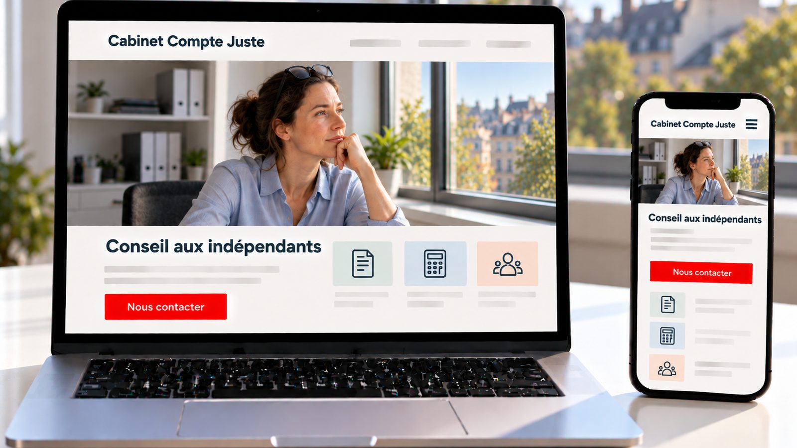 Un ordinateur et un smartphone affichent le site Cabinet Compte Juste avec une gestionnaire près d'une fenêtre.