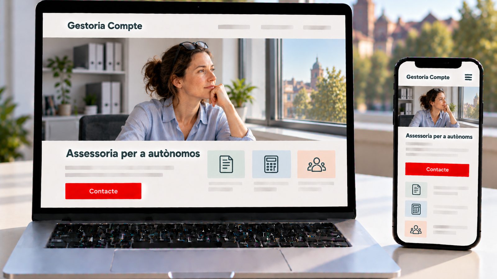 Un ordinador i un mòbil mostren la web de Gestoria Compte amb una assessora mirant per la finestra.
