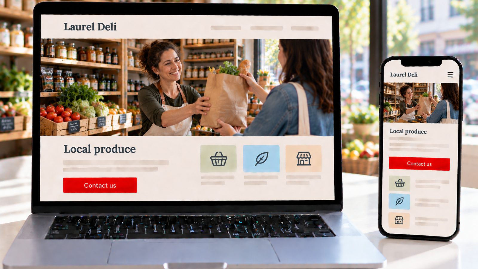 Laptop and smartphone display the Laurel Deli website with a shopkeeper handing a paper bag to a customer.