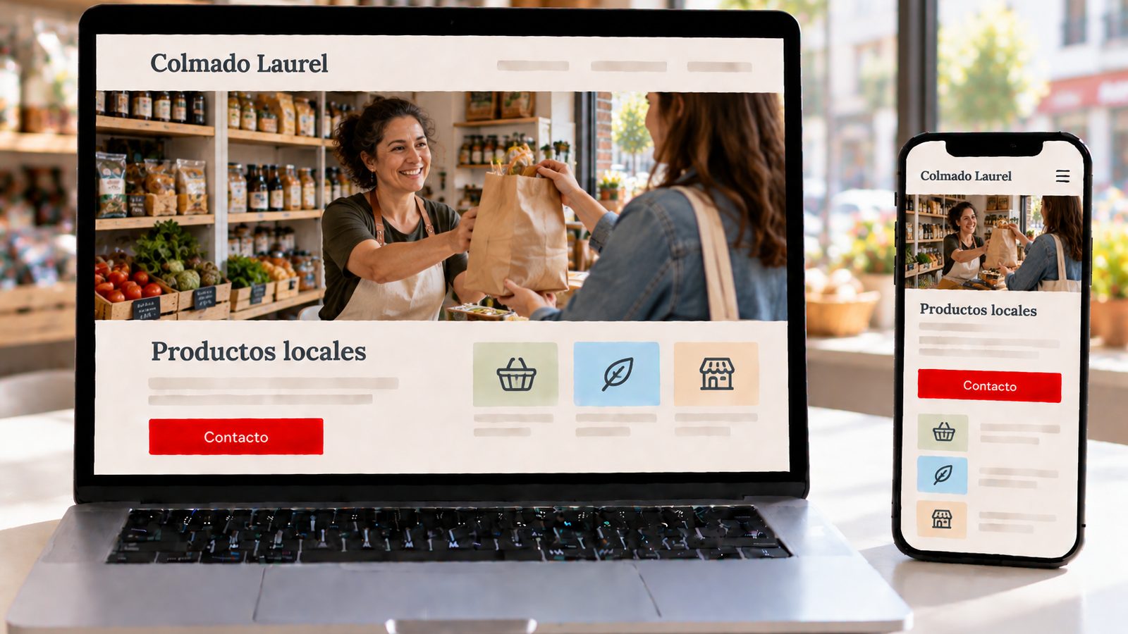 Un portátil y un móvil muestran la web de Colmado Laurel con una tendera entregando una bolsa a una clienta.