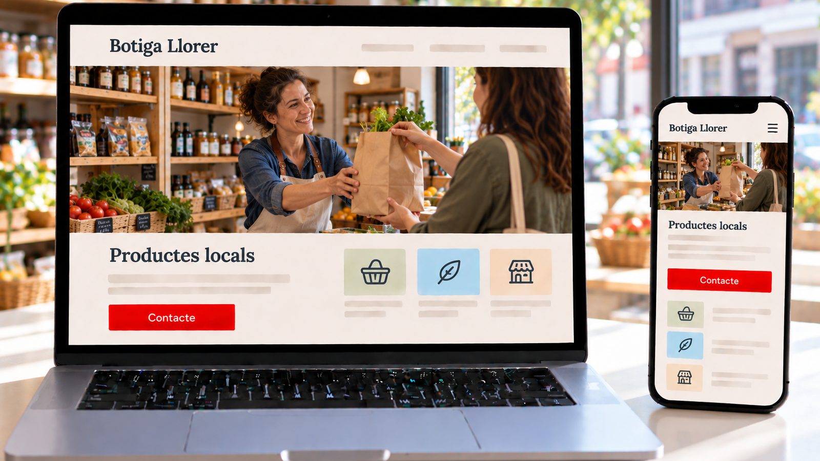 Un portàtil i un mòbil mostren la web de Botiga Llorer amb una dependenta lliurant una bossa a una clienta.
