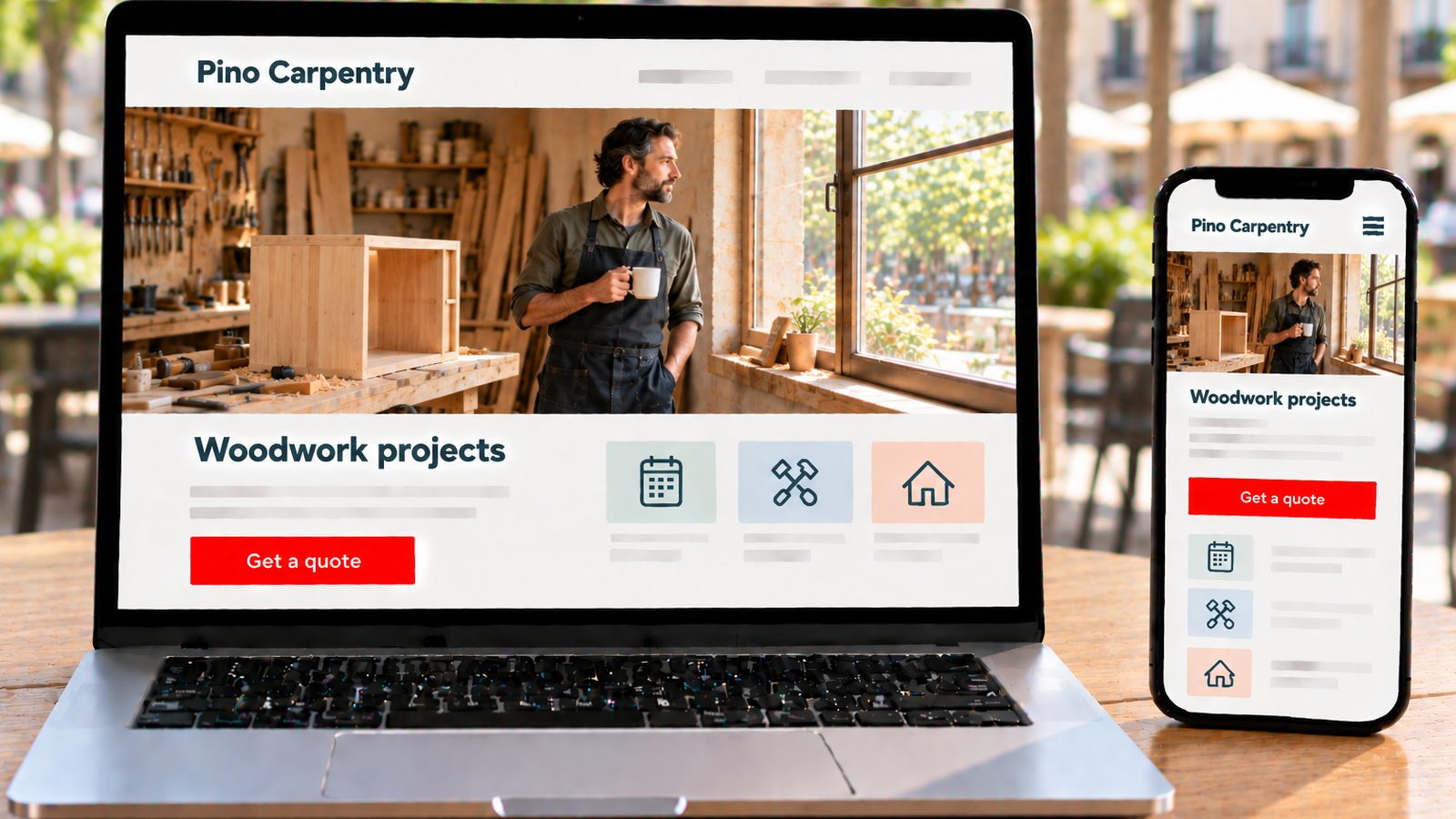 A laptop and smartphone show the Pino Carpentry website with a craftsman in his woodworking workshop.