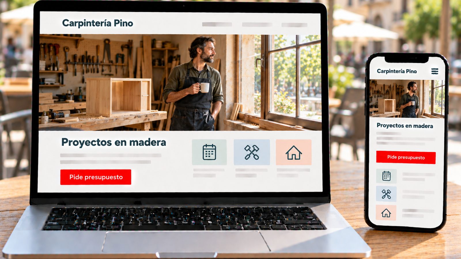 Un portátil y un móvil muestran la web de Carpintería Pino con un carpintero en su taller de madera.