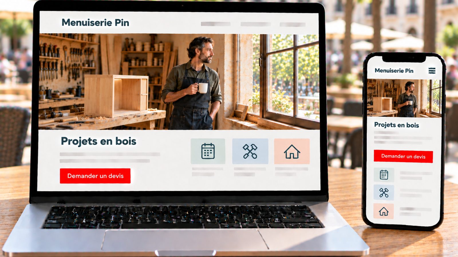 Un ordinateur et un smartphone affichent le site Menuiserie Pin avec un menuisier dans son atelier.