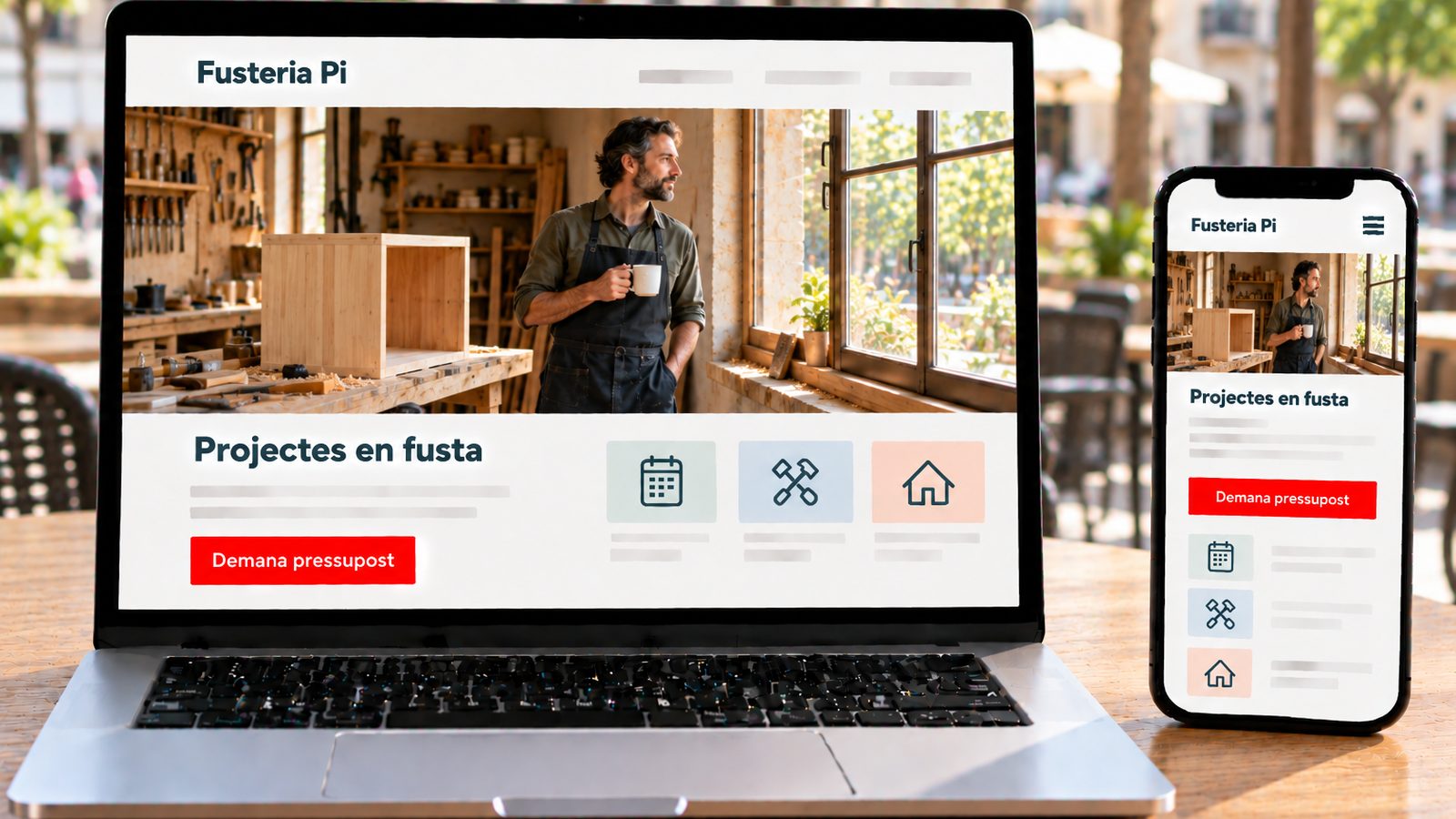 Un ordinador i un mòbil mostren la web de Fusteria Pi amb un fuster al seu taller de fusta.