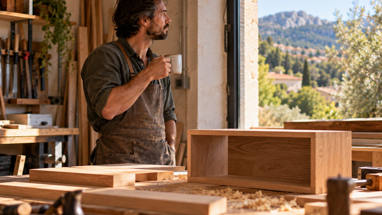 Un carpintero hace una pausa junto a la ventana de su taller, con una taza en la mano y un mueble sin terminar.