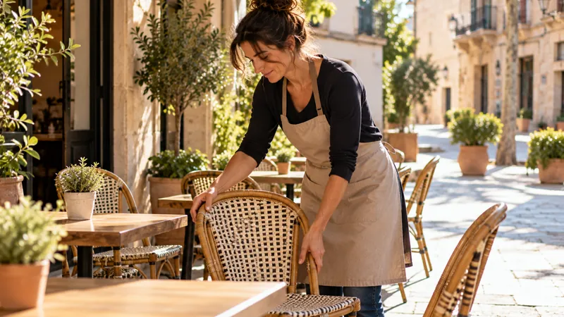 La dueña de una cafetería coloca las sillas de la terraza a primera hora, en una calle tranquila y soleada.