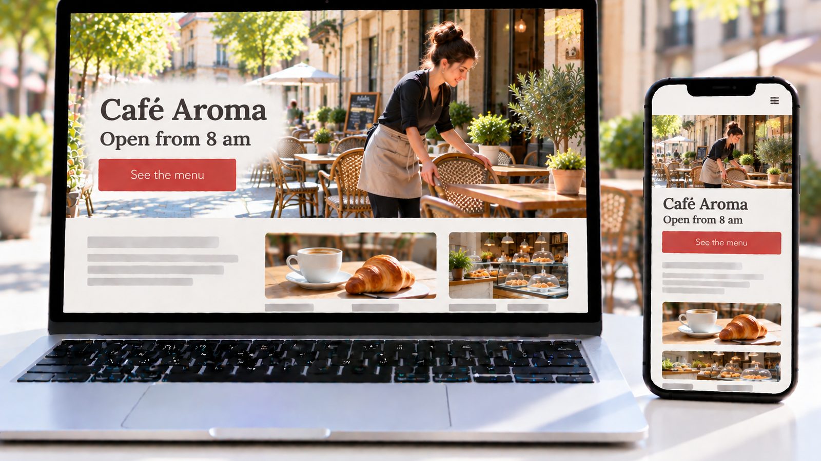 Laptop and smartphone display a café website with a woman arranging chairs on a sunny outdoor terrace.