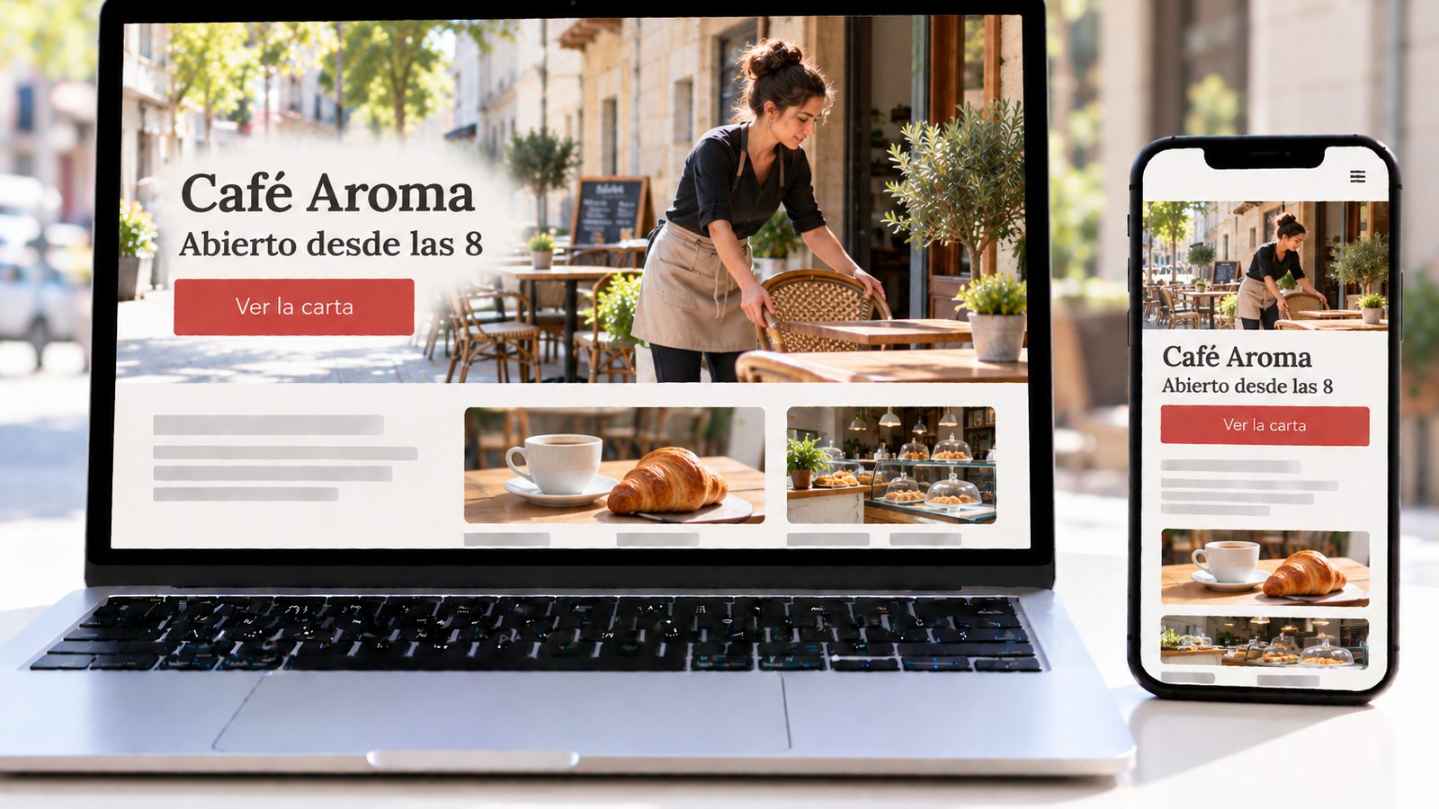 Un portátil y un móvil muestran la web de un café con una mujer preparando las mesas de la terraza.