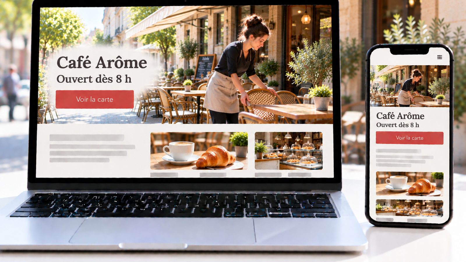 Un ordinateur portable et un smartphone affichent un site de café avec une femme qui installe les chaises de la terrasse.