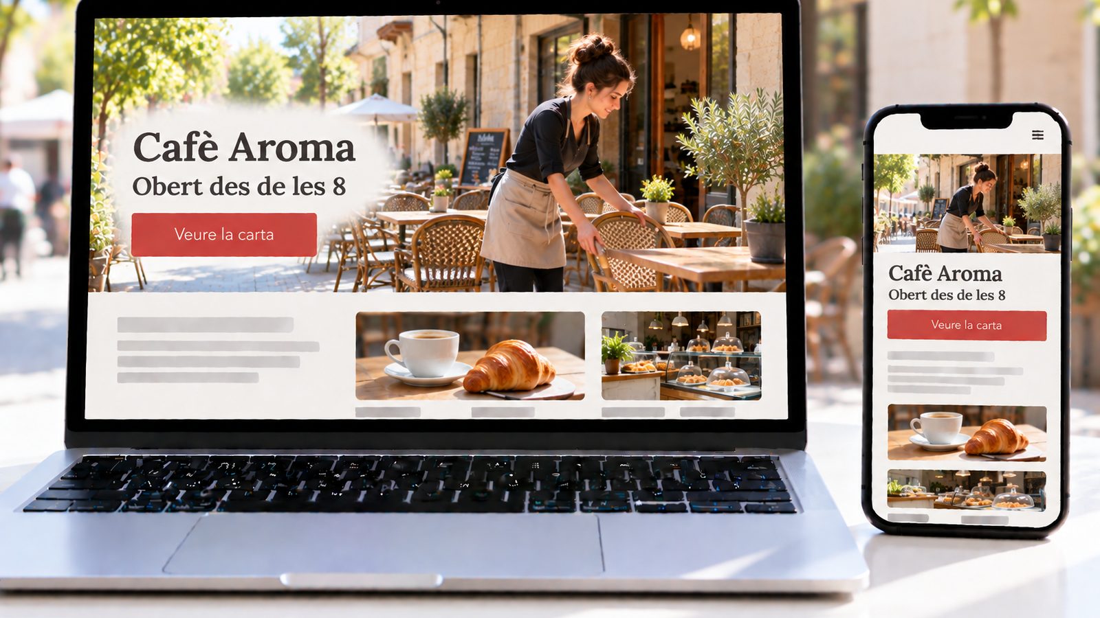 Un portàtil i un mòbil mostren la web d’un cafè amb una dona preparant les taules de la terrassa.