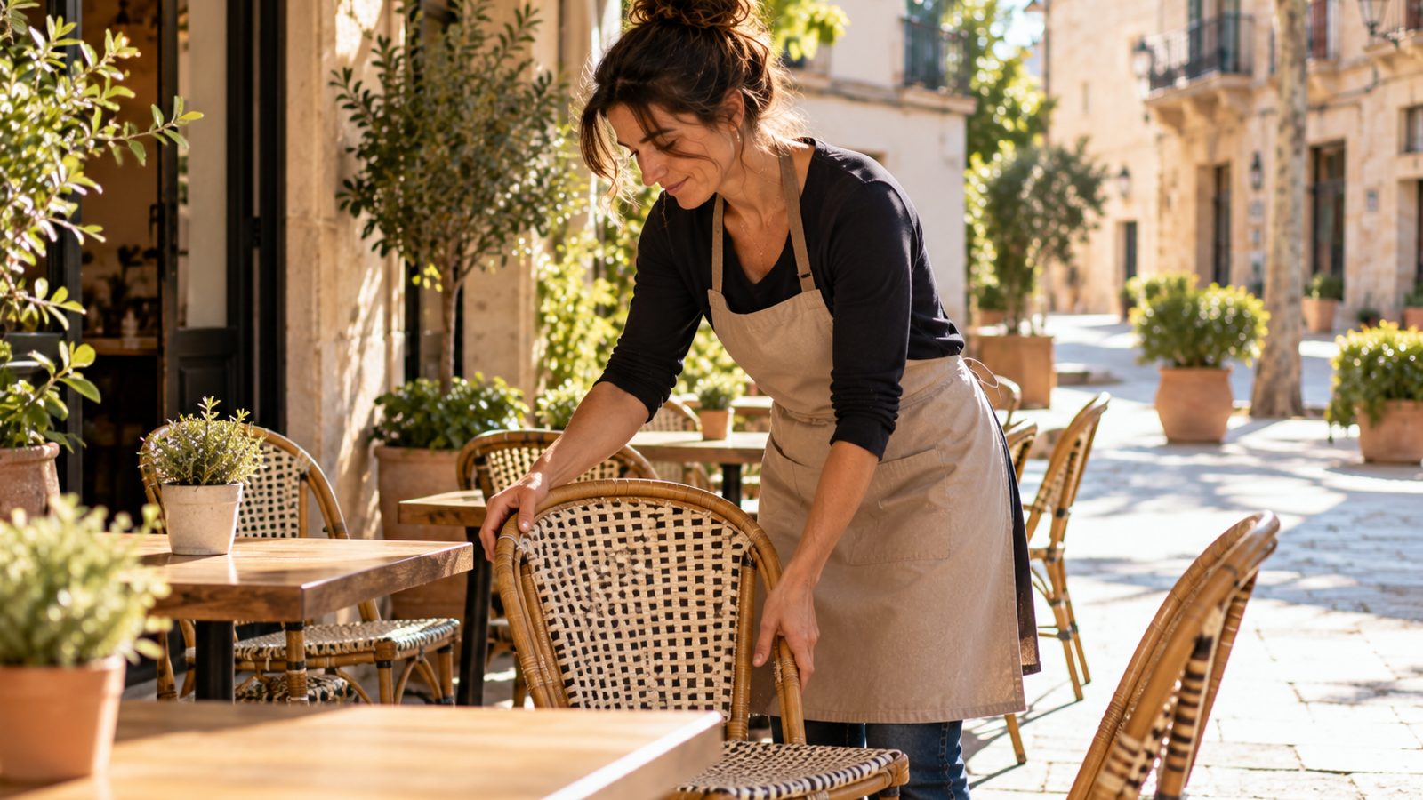 La dueña de una cafetería coloca las sillas de la terraza a primera hora, en una calle tranquila y soleada.