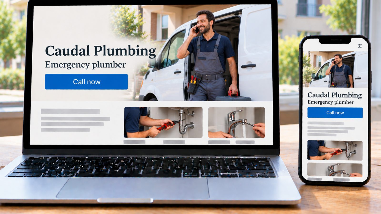 A laptop and smartphone display a plumbing website featuring a plumber beside his white service van.