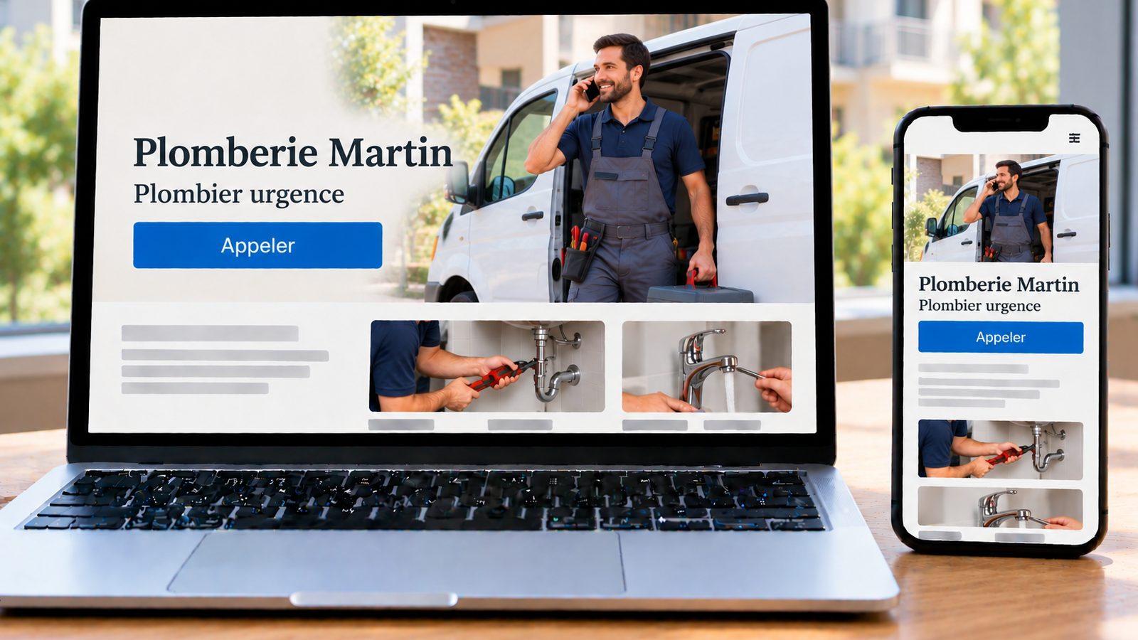 Un ordinateur portable et un smartphone affichent un site de plomberie avec un plombier près de sa camionnette blanche.