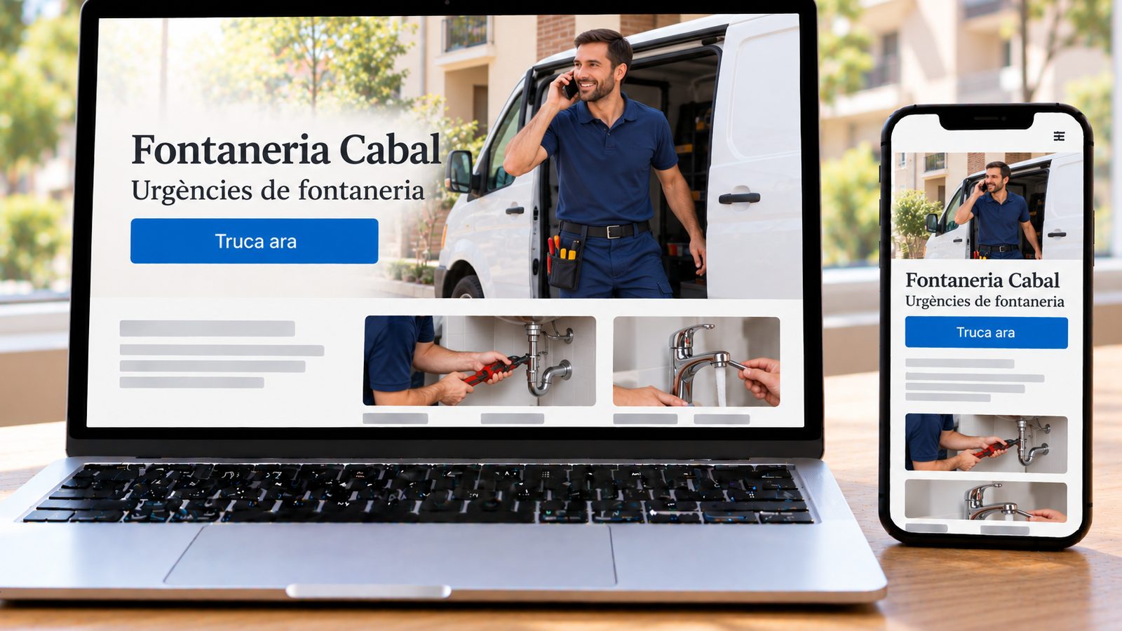 Un portàtil i un mòbil mostren una web de fontaneria amb un professional al costat de la seua furgoneta.